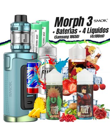 Pack Kit Morph 3 (Blue Green) Smok + 2 Pilhas Samsung 18650 + 4 Líquidos (4x100ml)