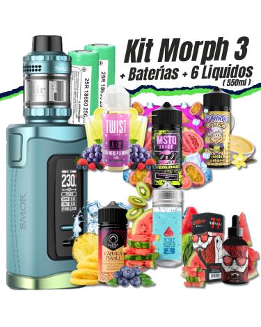 Pack Kit Morph 3 (Blue Green) Smok + 2 Pilhas Samsung 18650 + 6 Líquidos (550ml)