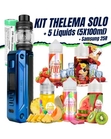 Pack Thelema Solo 100W Lost Vape (Sierra Blue Carbon) + 1 Pilha 18650 + 5 Líquidos (5x100ml)